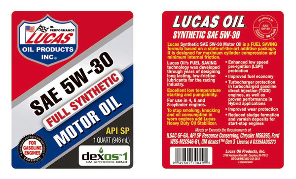 Lucas Oil Synthetic 5W-30 Motor Oil (MPN: 10049)