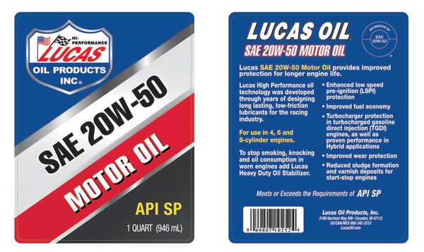 Lucas Oil SAE 20W-50 Conventional Motor Oil (MPN: 10252)