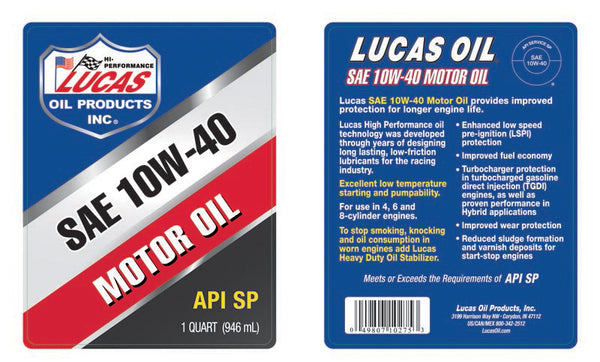 Lucas Oil SAE 10W40 Motor Oil (MPN: 10275)