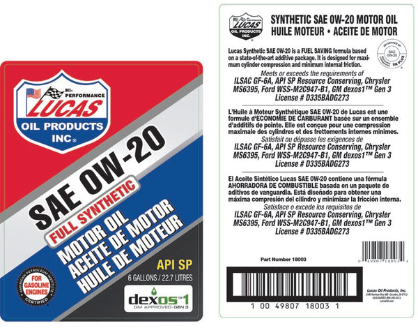 Lucas Oil Synthetic 0W-20 Bag In Box (MPN: 18003)