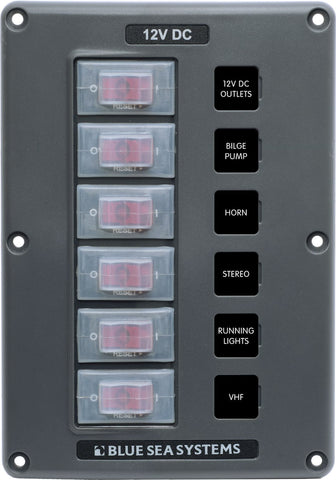 Blue Sea Switch Panel with 6 Rocker Switches (MPN: 4322-BSS)
