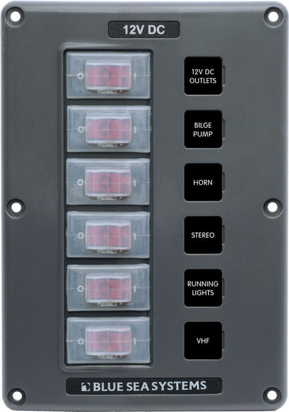 Blue Sea Switch Panel with 6 Rocker Switches (MPN: 4322-BSS)