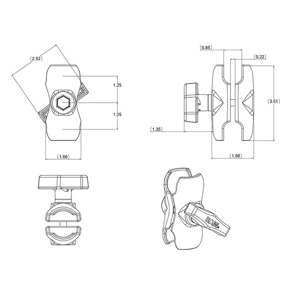 Ram Mounts Short Double Socket Arm (MPN: RAM-201U-B)