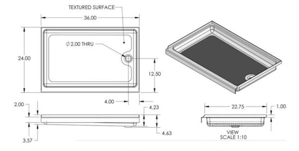 Shower Pan 24 Inch x 36 Inch with Right Hand Drain (MPN: SP2436WR)