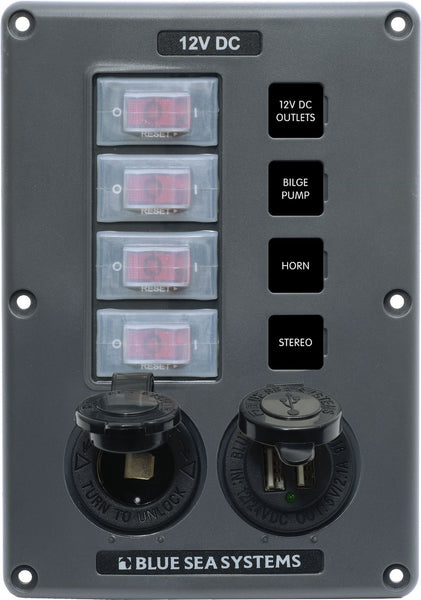 Blue Sea Switch Panel with 4 Rocker Switches (MPN: 4321-BSS)