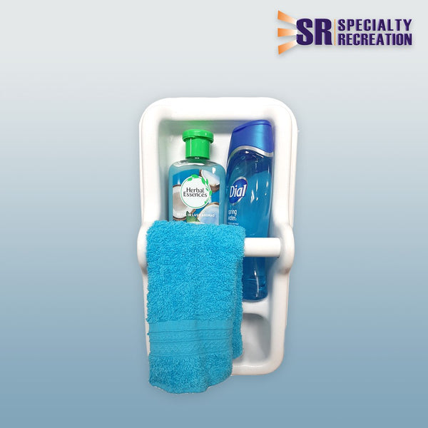 Towel rack with built-in soap dish and shelf (MPN: 33300)