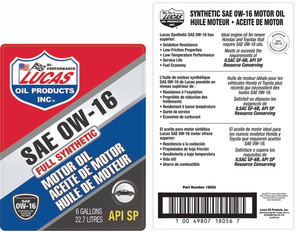 Lucas Oil Synthetic 0W-16 Bag In Box (MPN: 18056)