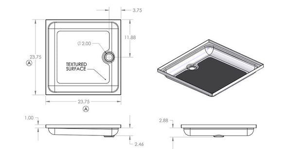 Shower Pan 24 Inch x 24 Inch with Center Drain (MPN: SP2424W)