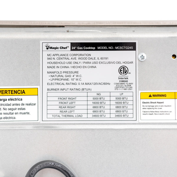 Magic Chef Cooktop (MPN: MCSCTG24S)